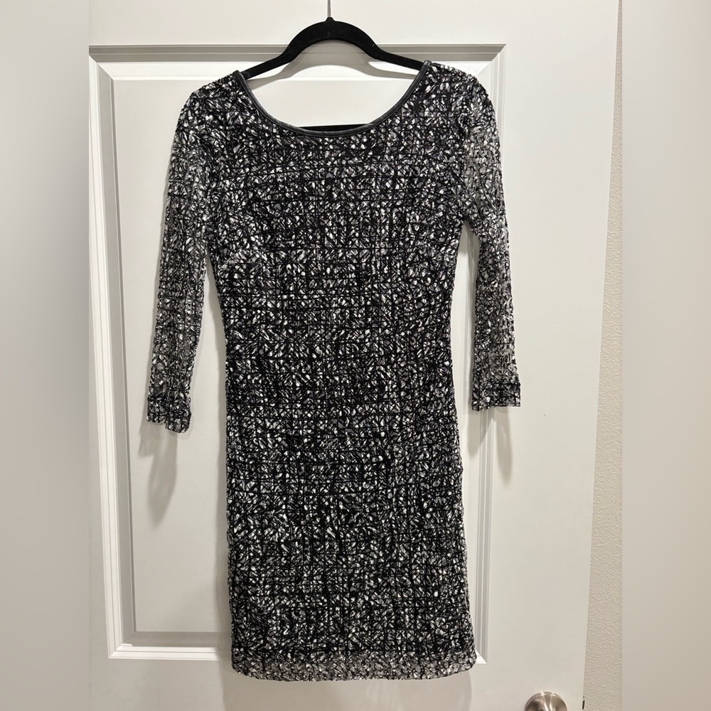 Cache Black and White Long Sleeve Dress